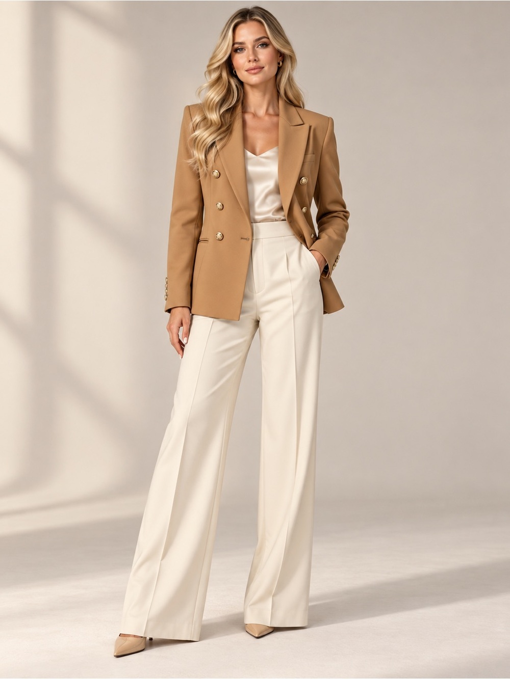 ZARA Women’s Large Camel Double Breasted Blazer Gold Buttons NWT